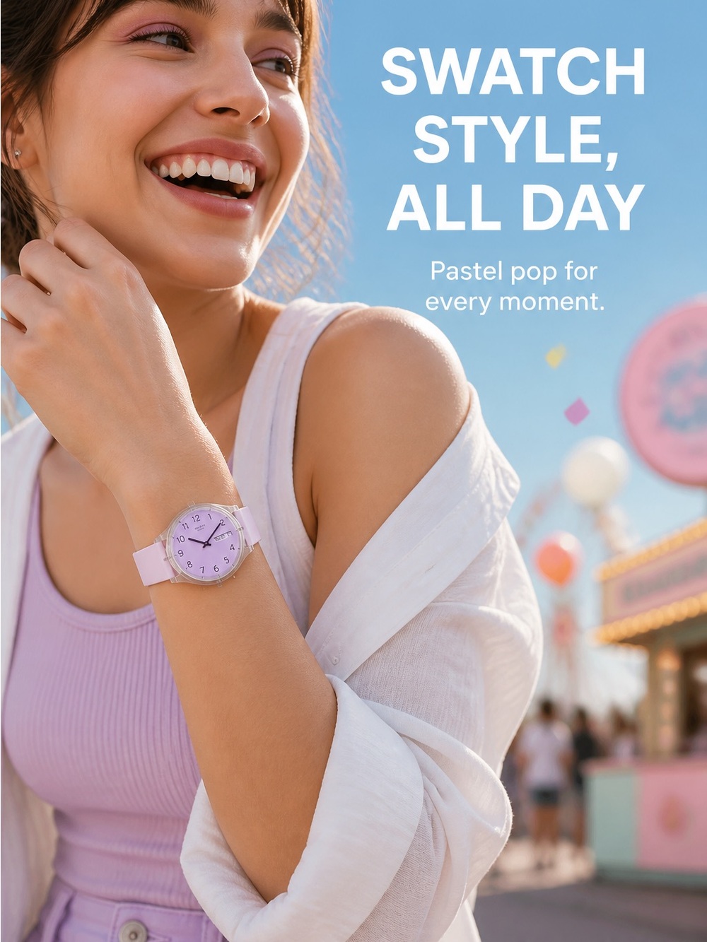 Swatch Pink Dial Clear Case Analog Watch with Day Window